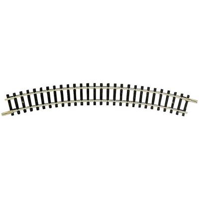 A curved model railway track made of metal with black sleepers, suitable for use in model railway layouts.