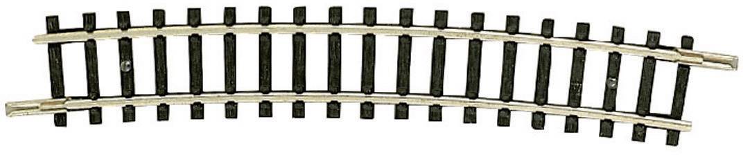 A curved model railway track, slightly angled to the left, with black sleepers and silver rails.