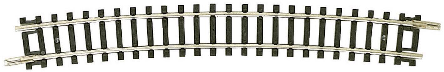 A curved model railway track with black sleepers and silver rails, slightly viewed from above.