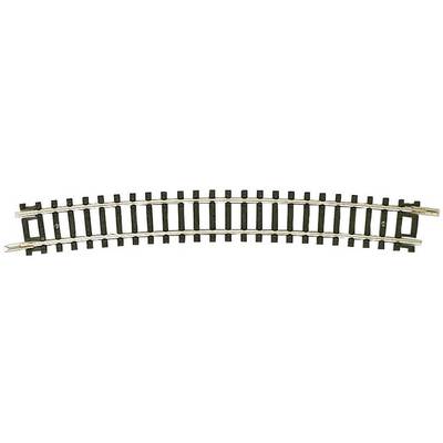 A curved model railway track with black sleepers and silver rails, slightly viewed from above.