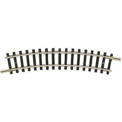A slightly curved model railway track in H0 scale with black sleepers and silver rails.