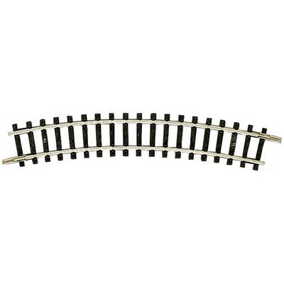 A curved railway track model, slightly bent to the left, on a white background.