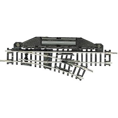 A model railway track section with a point. The rails are made of metal and are black, used for changing the direction of travel.