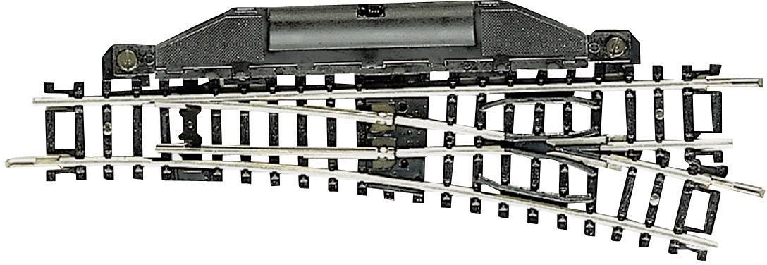 A model railway track with a point that can direct a train to the left or right. Suitable for model railway layouts.