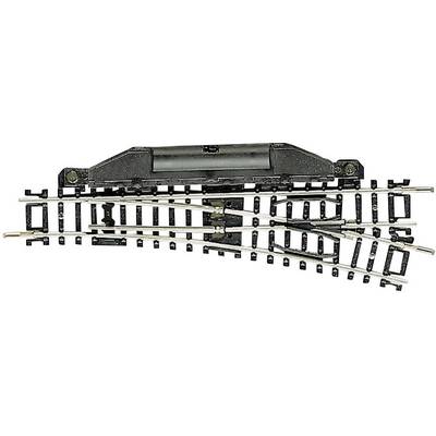 A model railway track with a point that can direct a train to the left or right. Suitable for model railway layouts.