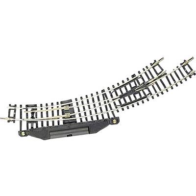 Track material model: Curve with a point where two track routes are possible. Black and silver rails on a dark background.