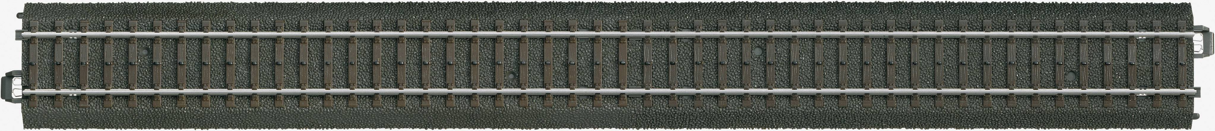 Track section with two rails on a grey sleeper, suitable for model railway, showing the structural design details of rail guidance.