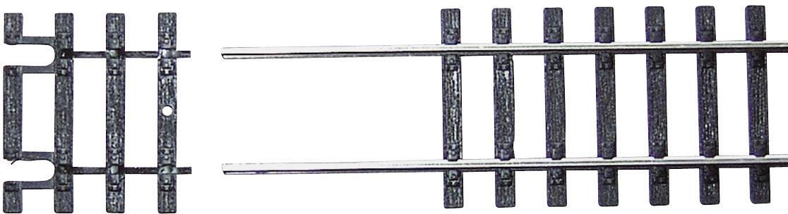 The image shows two sections of model railway tracks in black, facing each other and waiting to be connected.