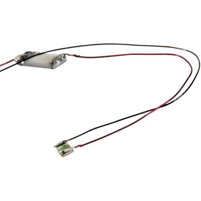 An electrical component with two elongated wires terminating in small connectors. The purpose may be for mounting or connection.