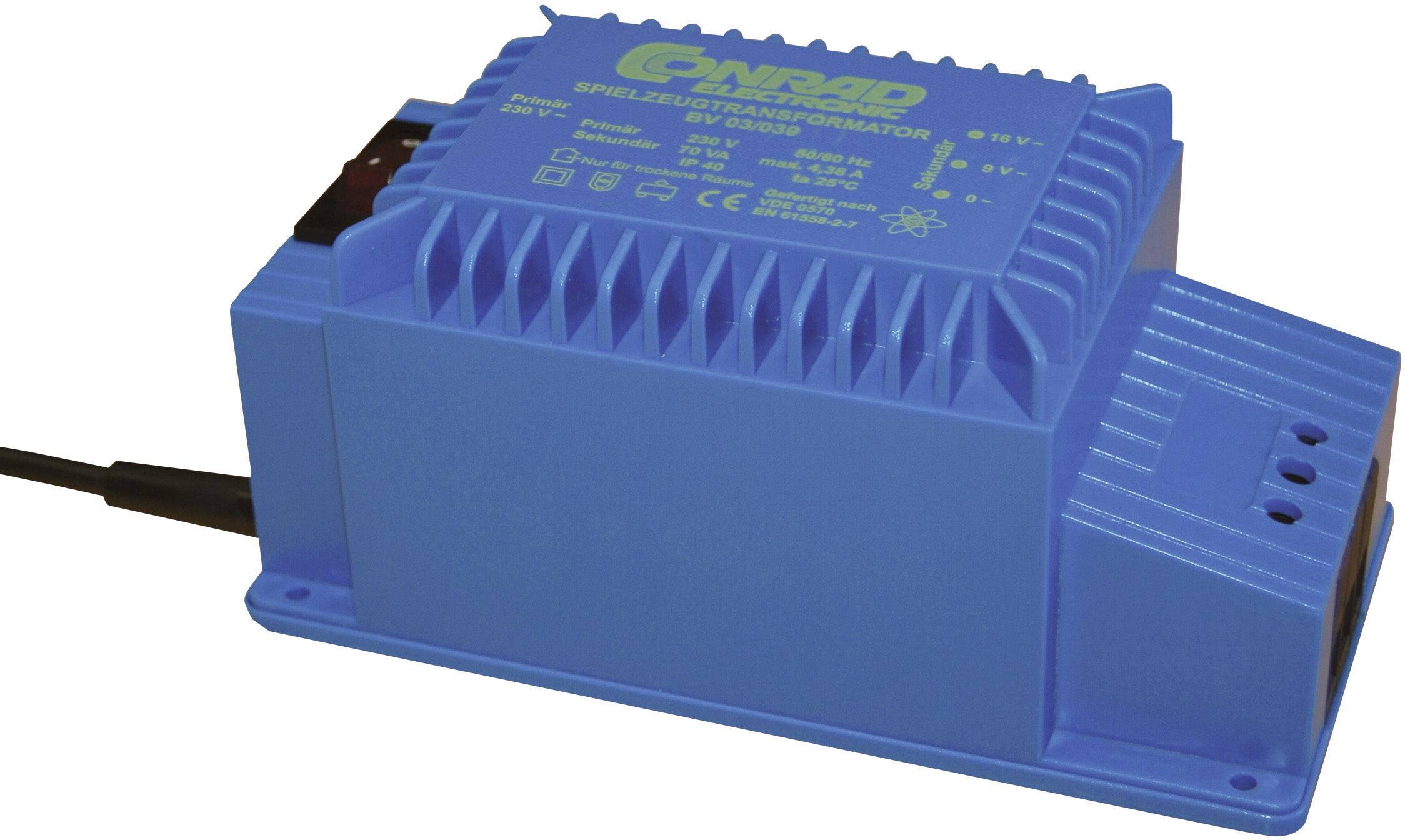 Blue electrical transformer with the inscription 'G-NEOAD' on the top surface. Device for voltage conversion.