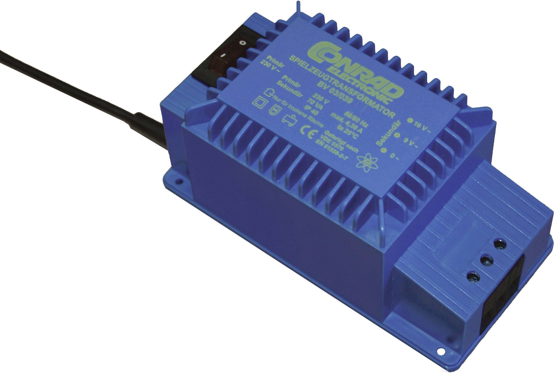 A blue, rectangular power supply simulator with 'Conrad' printed on it. Designed for use in electronic test systems.