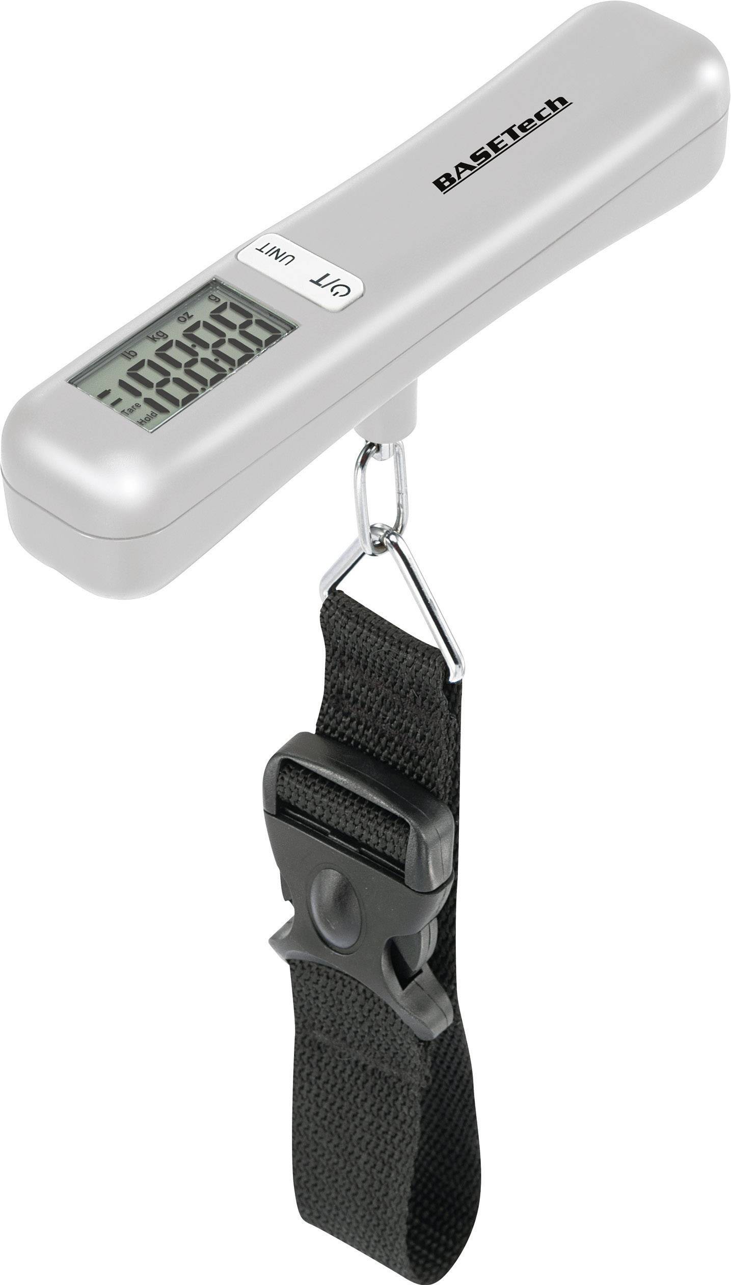 Digital hanging scale with display, shows weight in kilograms. Silver casing with black strap and hook for weighing.