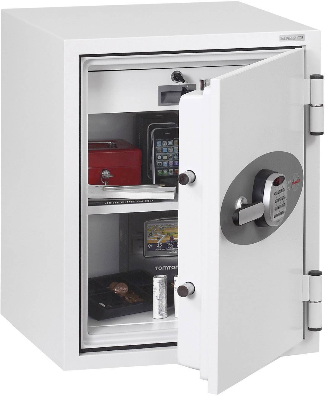 Open safe with money, a smartphone and jewellery inside. The door is partially open, and the safe has an electronic lock.