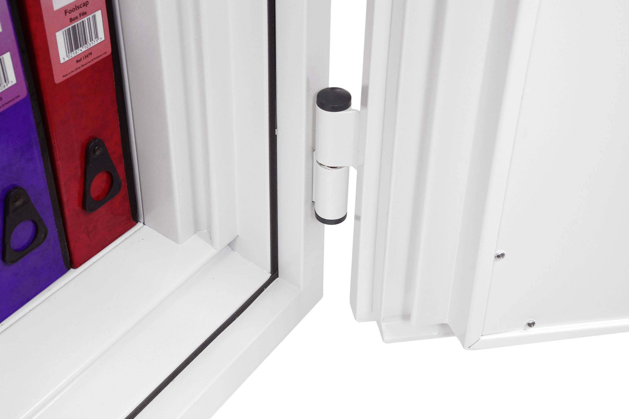 An open white filing cabinet door hinge. Red and blue folders are visible on the left side.