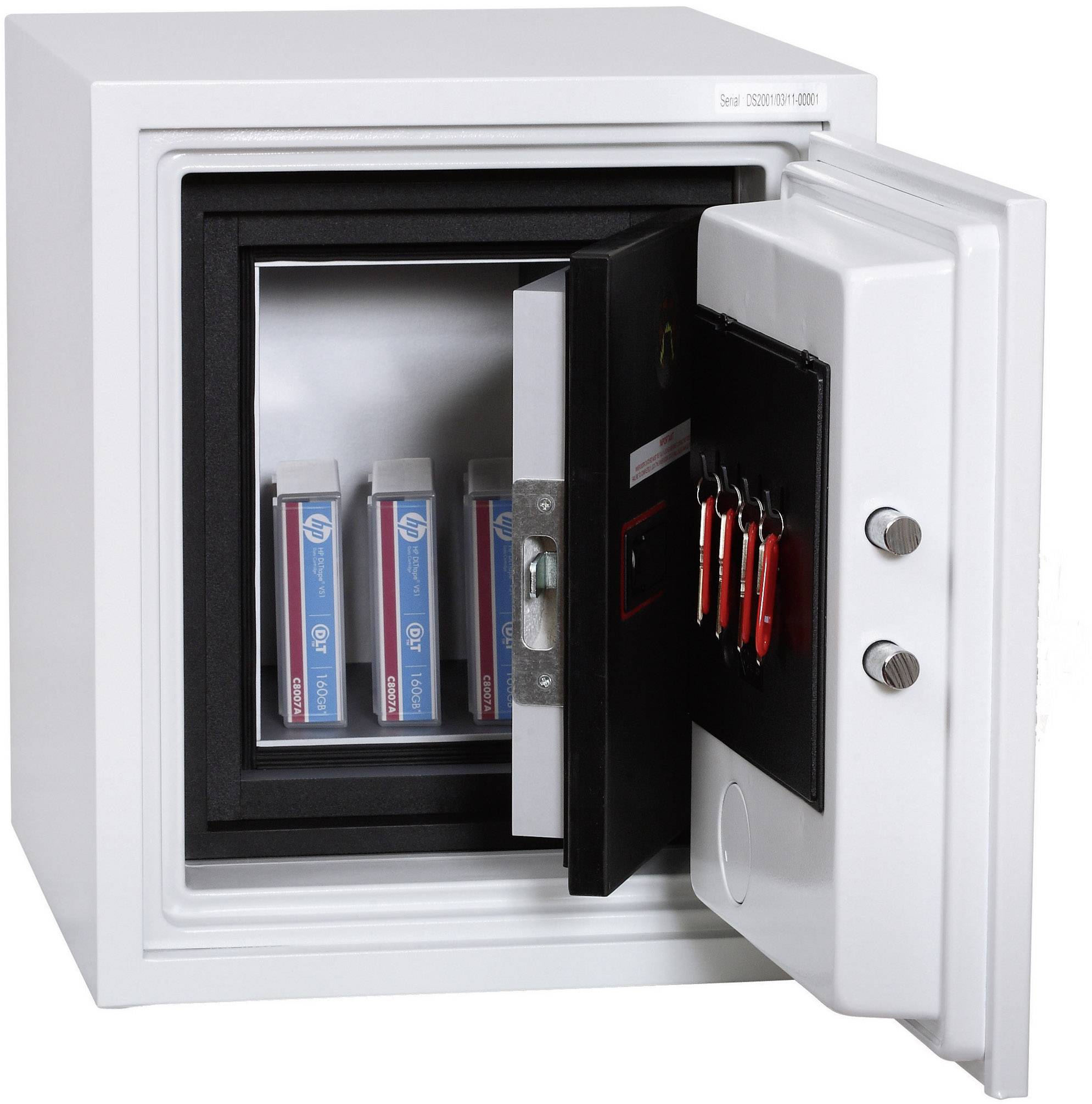 An open safe with several small, labelled boxes inside. The safe has a thick, armoured door.