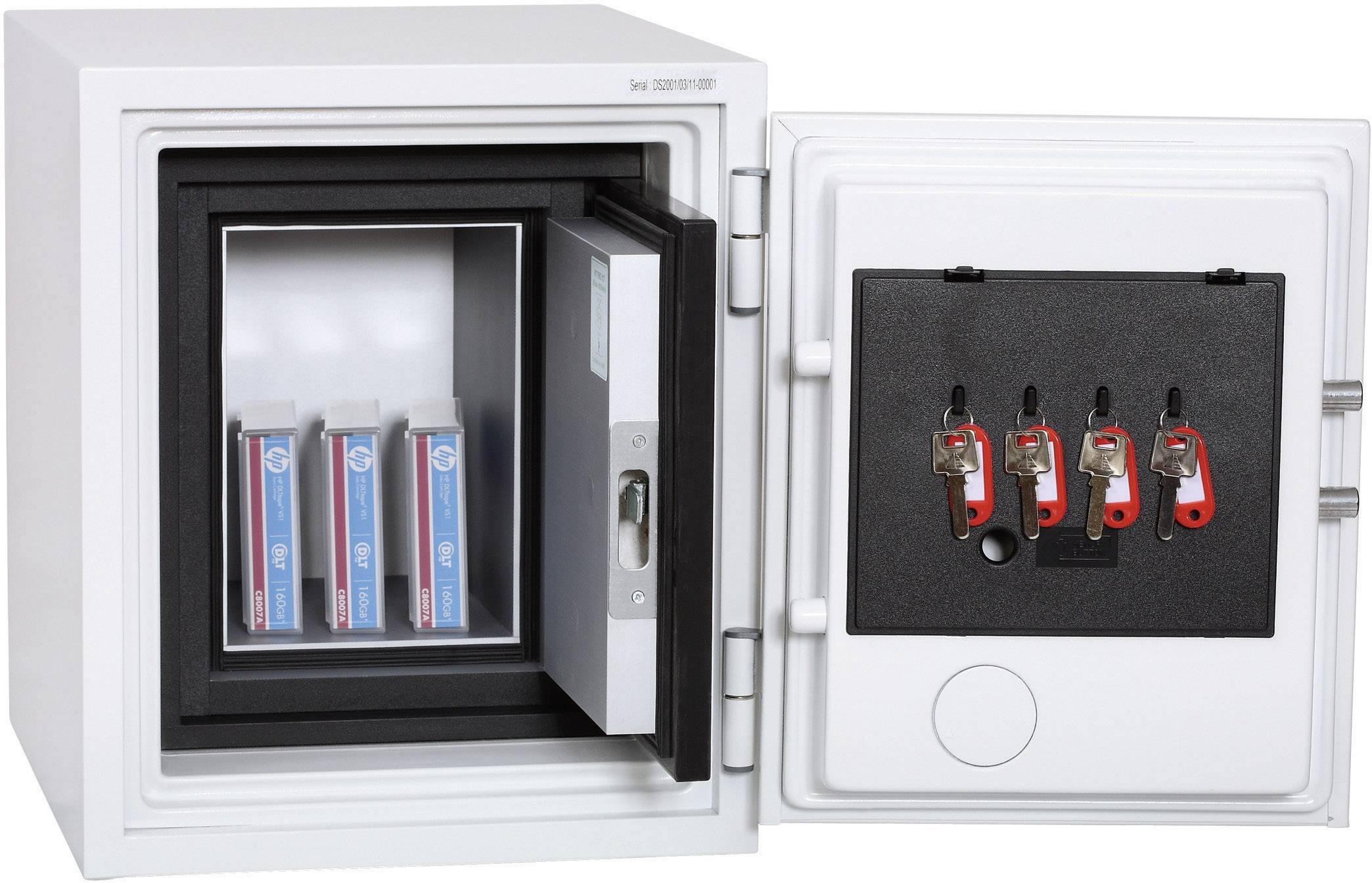 An open safe with several USB drives in one compartment and four keys hanging on hooks inside the door.