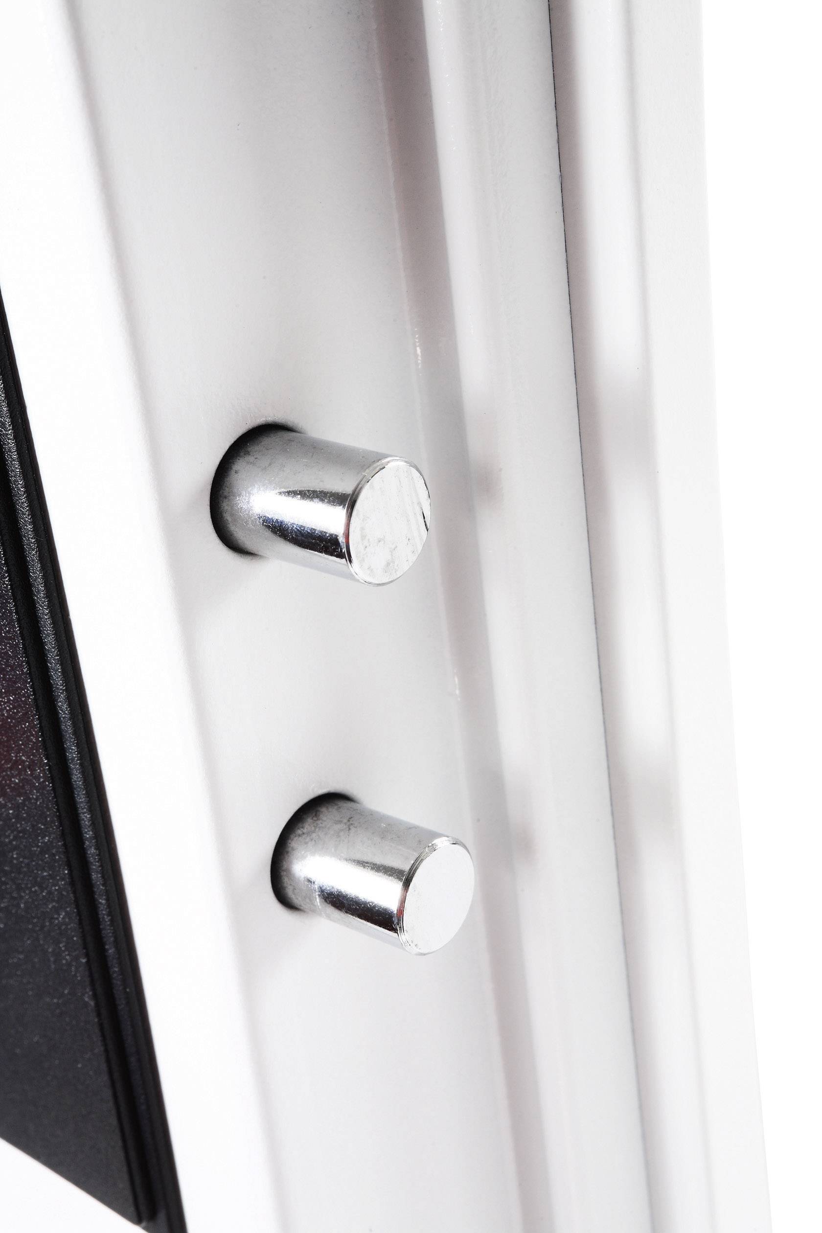 Door lock with two chrome-plated bolts on a white door.