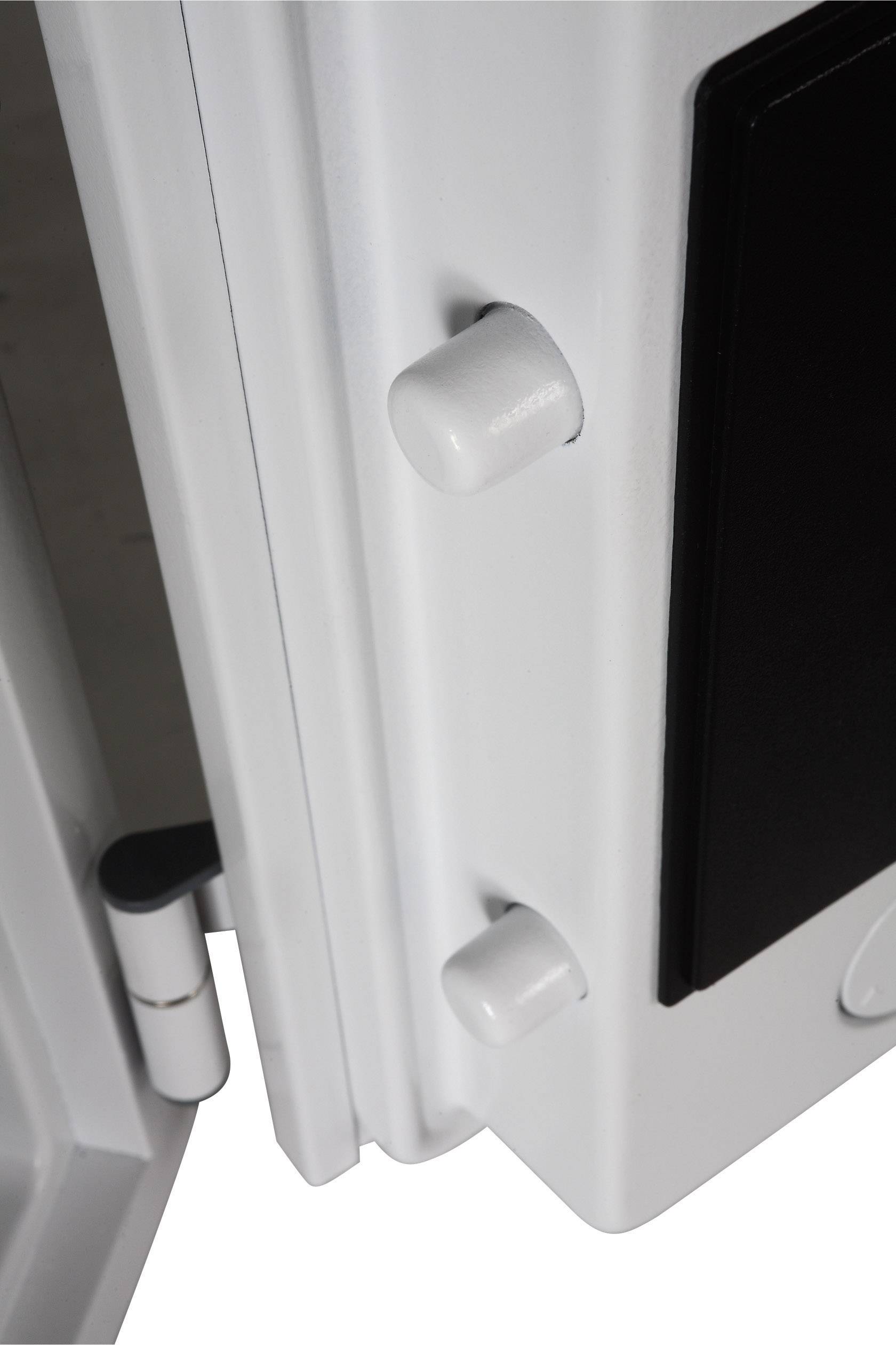 Open door with secure hinges and locking bolts, demonstrates robust design for enhanced protection.
