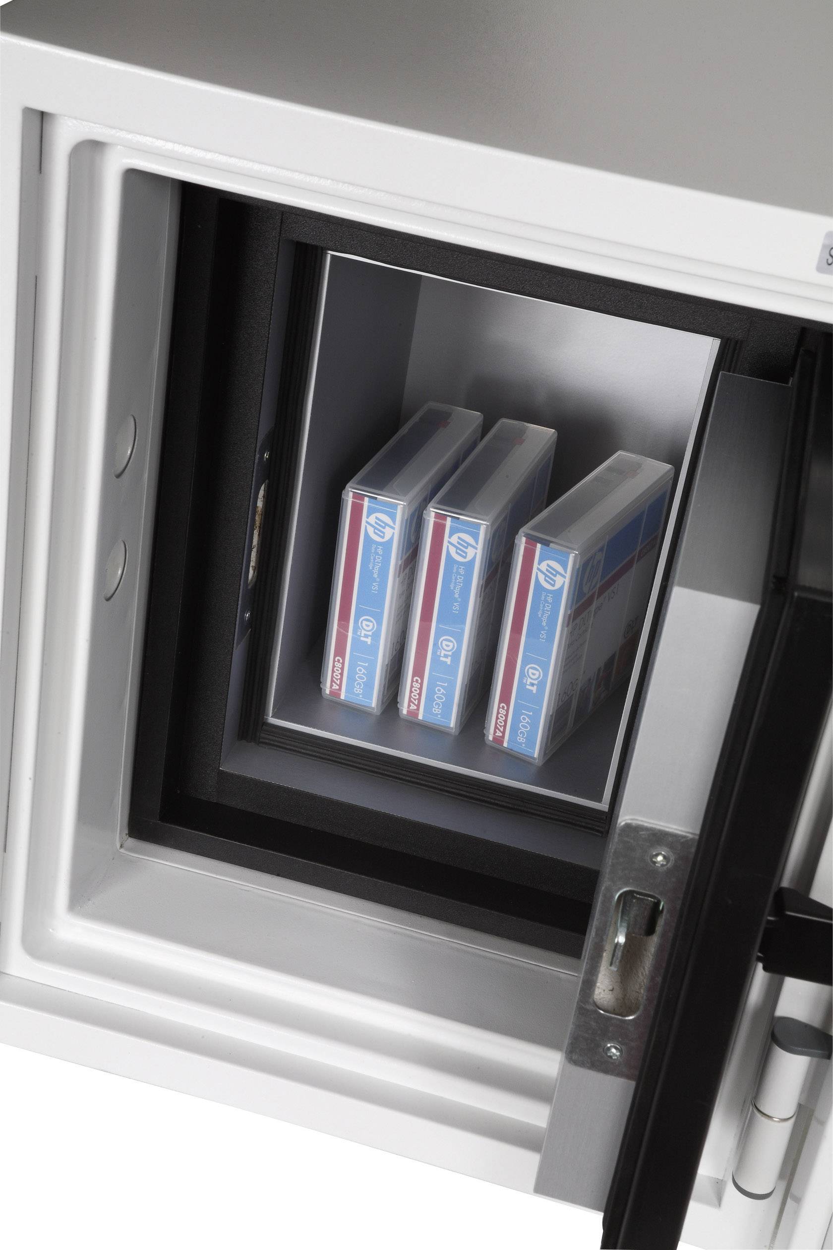 Open safe with three data storage cassettes inside, stored securely.