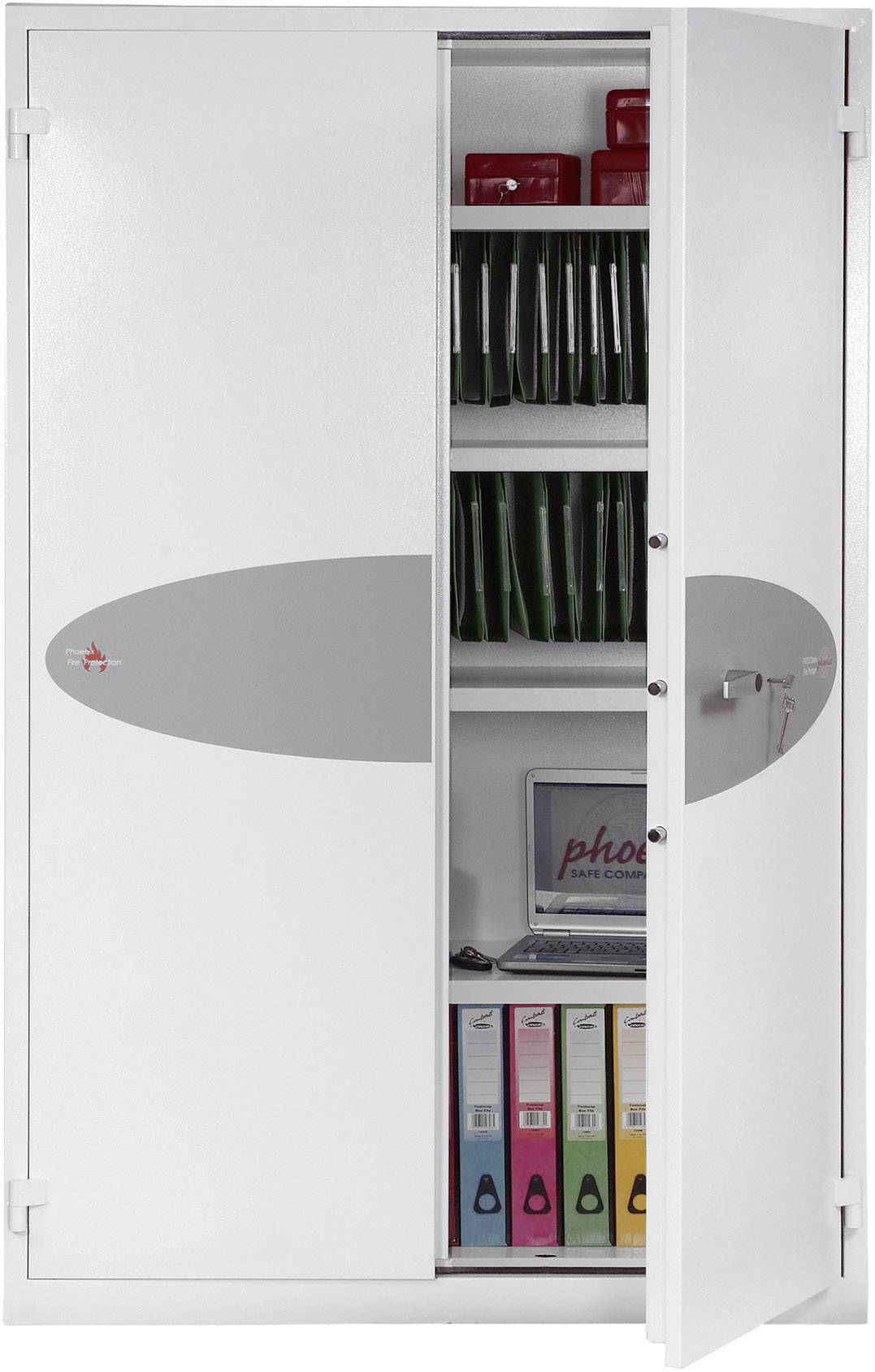 A half-open, white office cupboard with multiple shelves. At the top, there are red boxes, in the middle are folders and a laptop. At the bottom are colourful file folders.