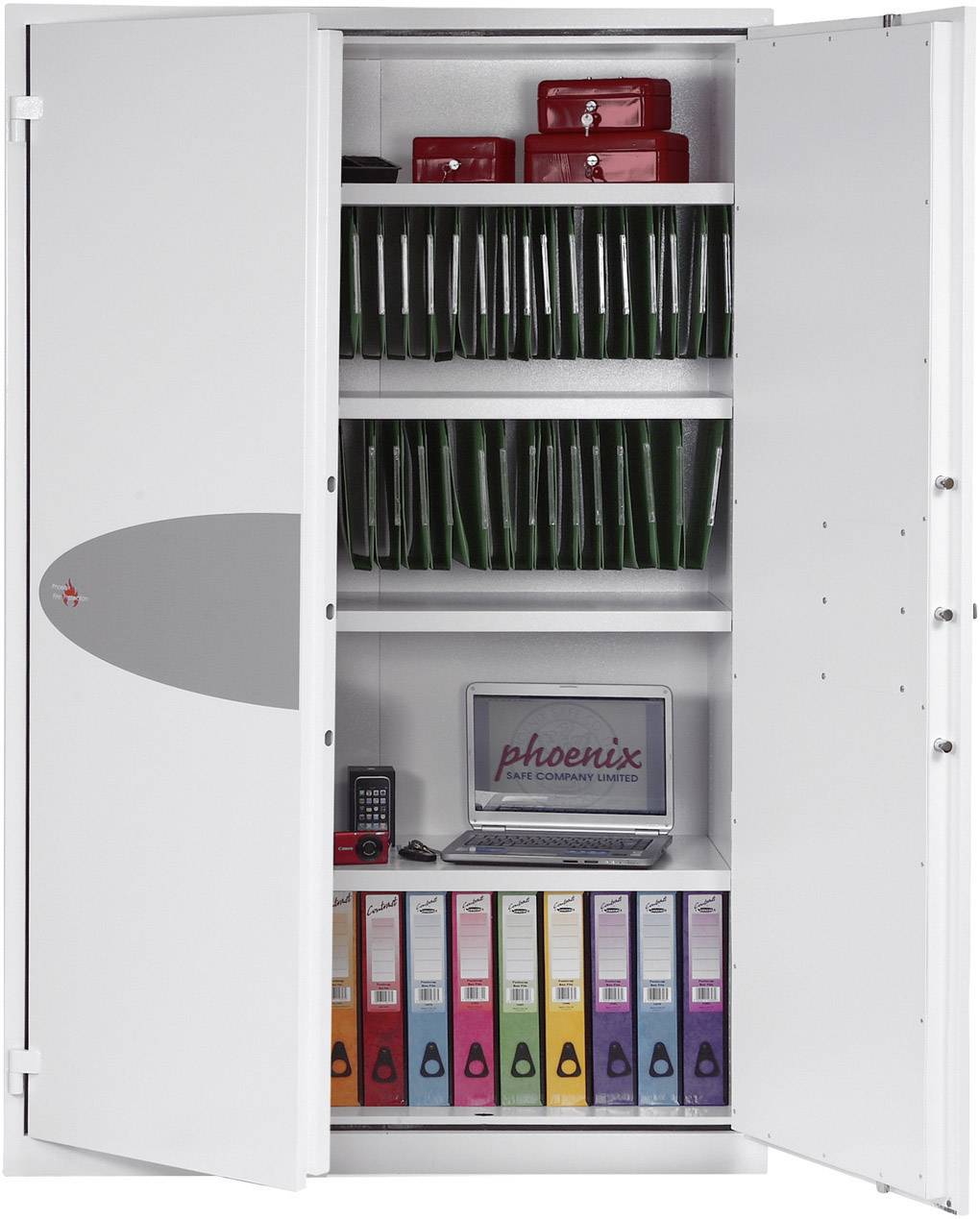 An open white cupboard with folders, files on multiple shelves and a laptop. Coloured folders are situated on the floor.