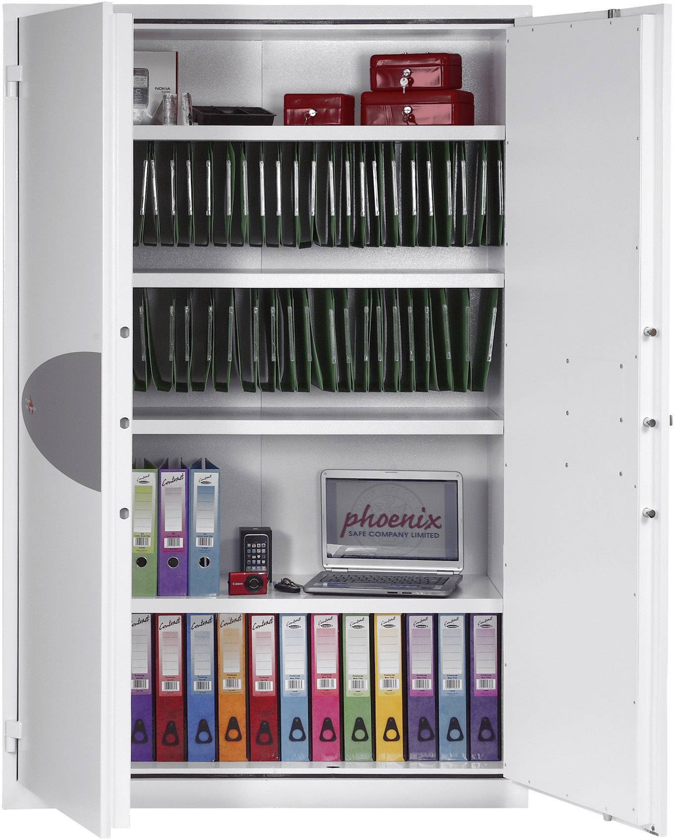 An open cupboard with multiple shelves, on which folders, red boxes, a laptop with the label 'phoenix' and a calculator are placed.