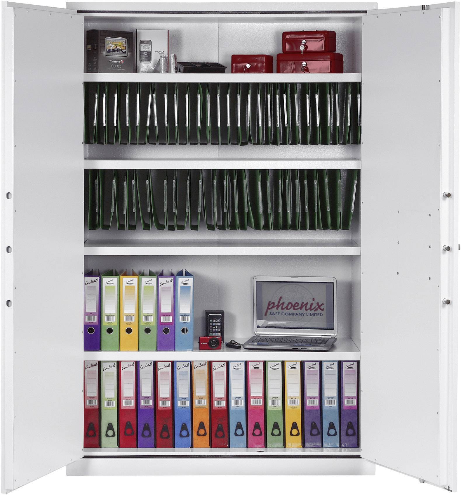 An open filing cabinet with three shelves. On the top shelf are document folders and red boxes, in the middle are ring binders and a laptop, and on the bottom shelf are coloured lever arch files.