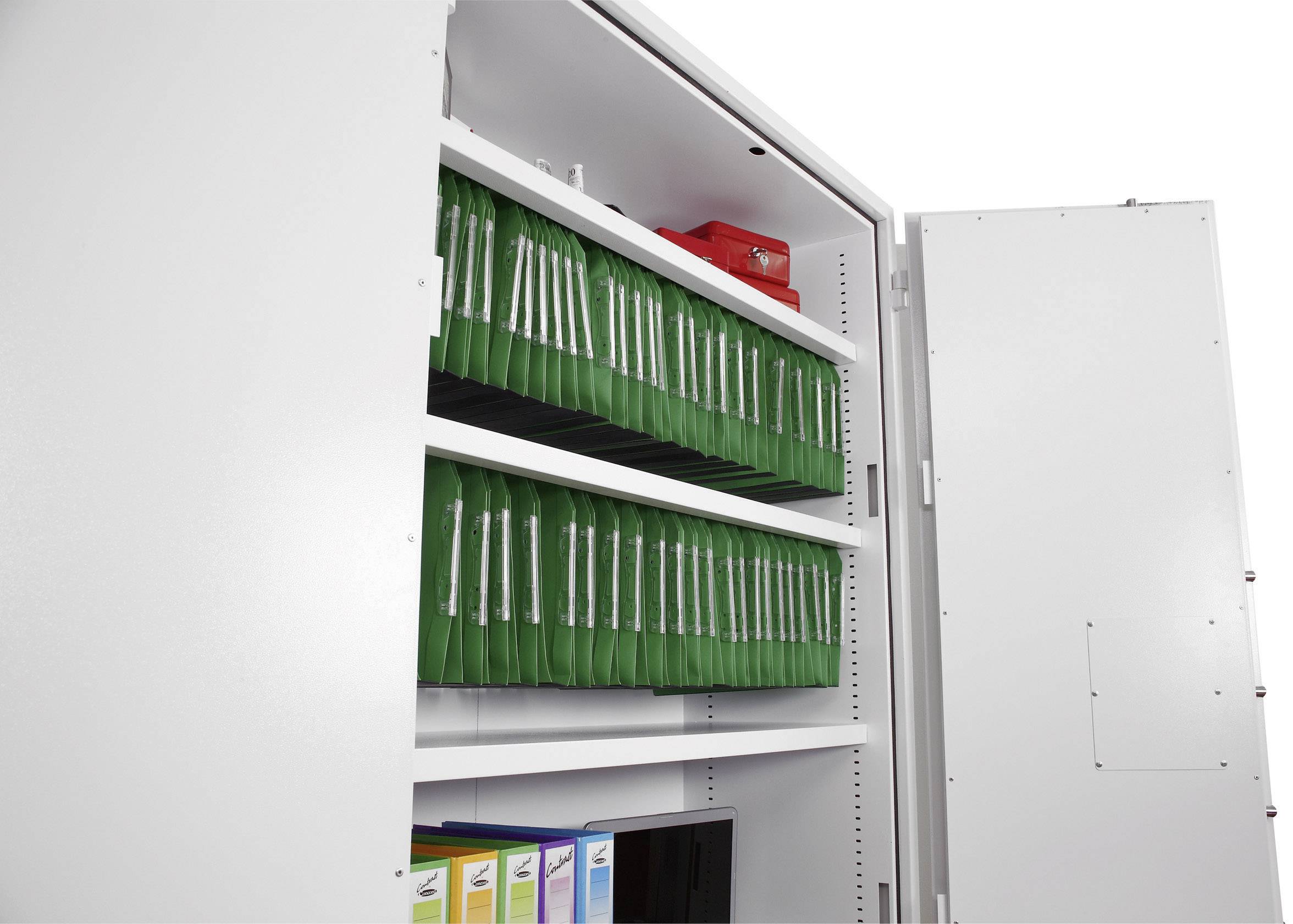 An open filing cabinet displays several green hanging files, lever arch files, and a red box. The cabinet is white and has open doors.