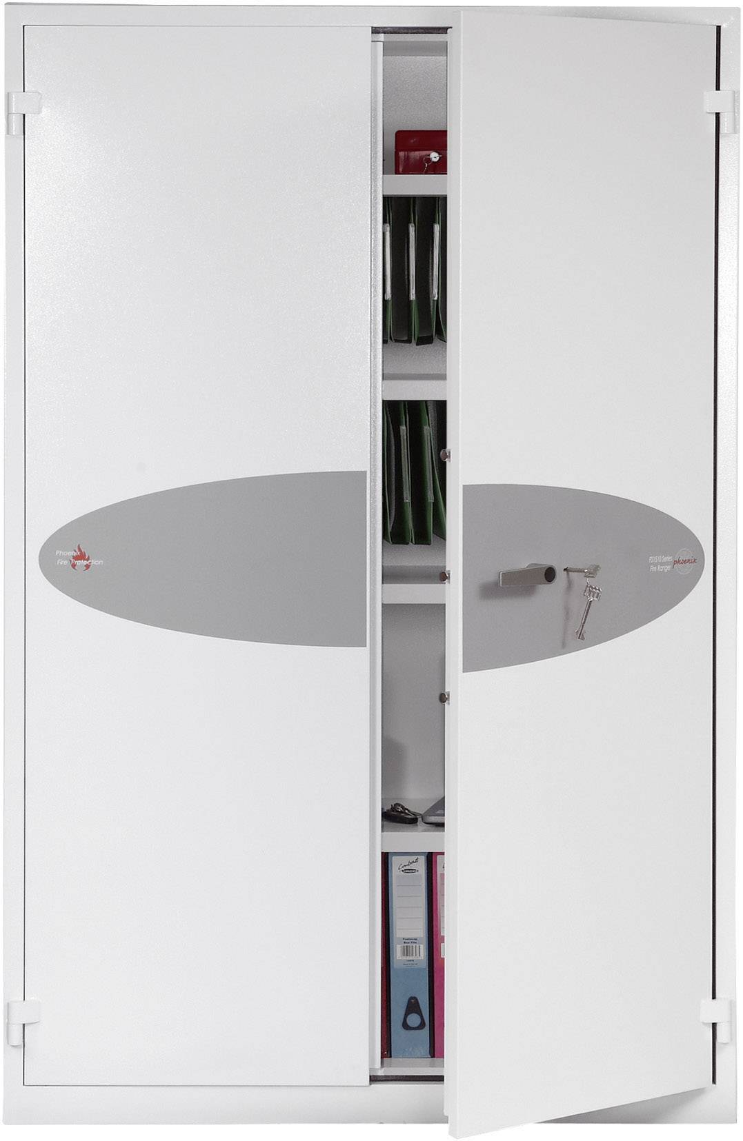 A half-open white filing cabinet with multiple drawers, storing folders and a red object.