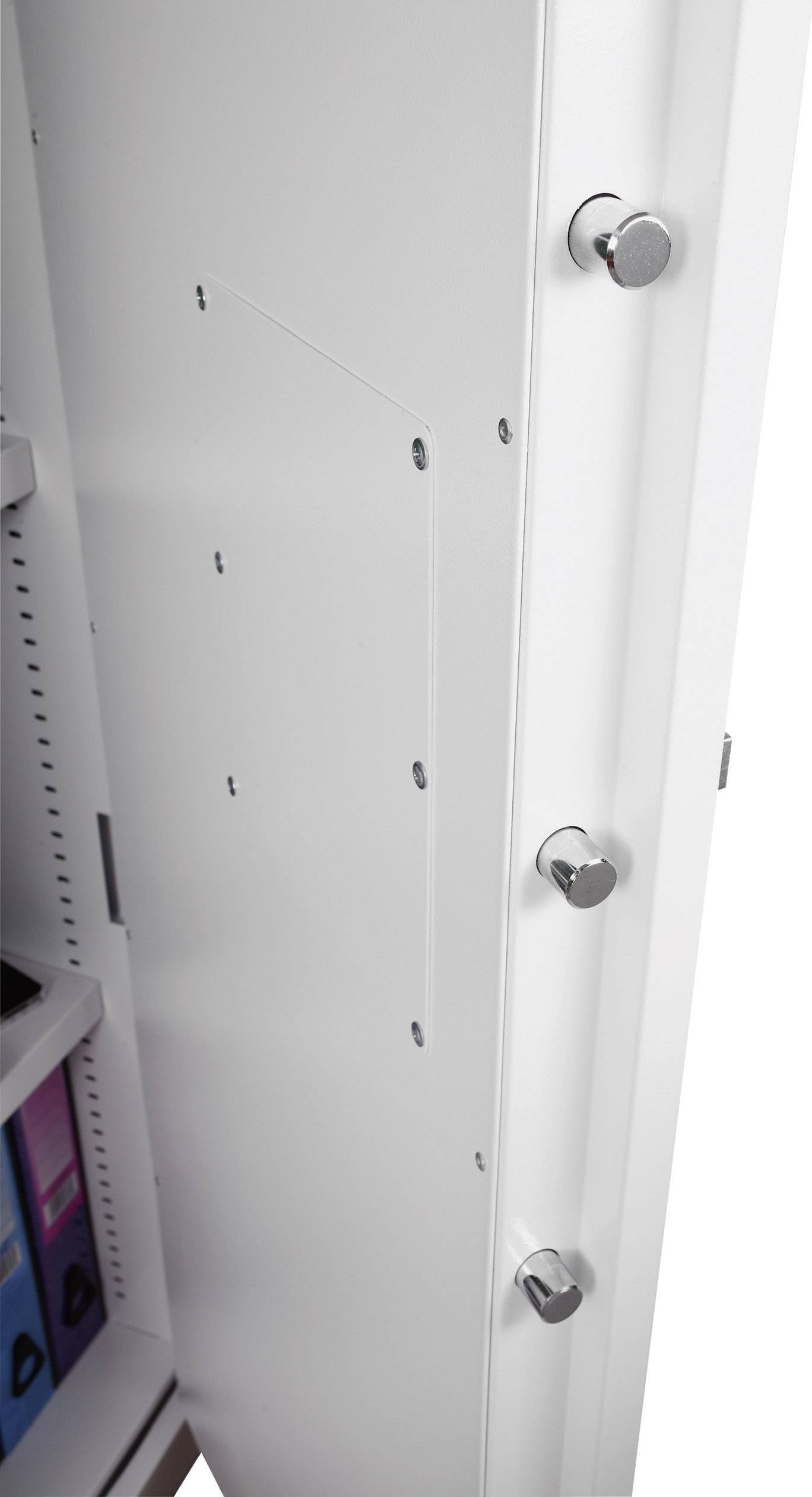 An open safe reveals a sturdy door with multiple locking bolts. Filing shelves with folders are visible in the background on the left.