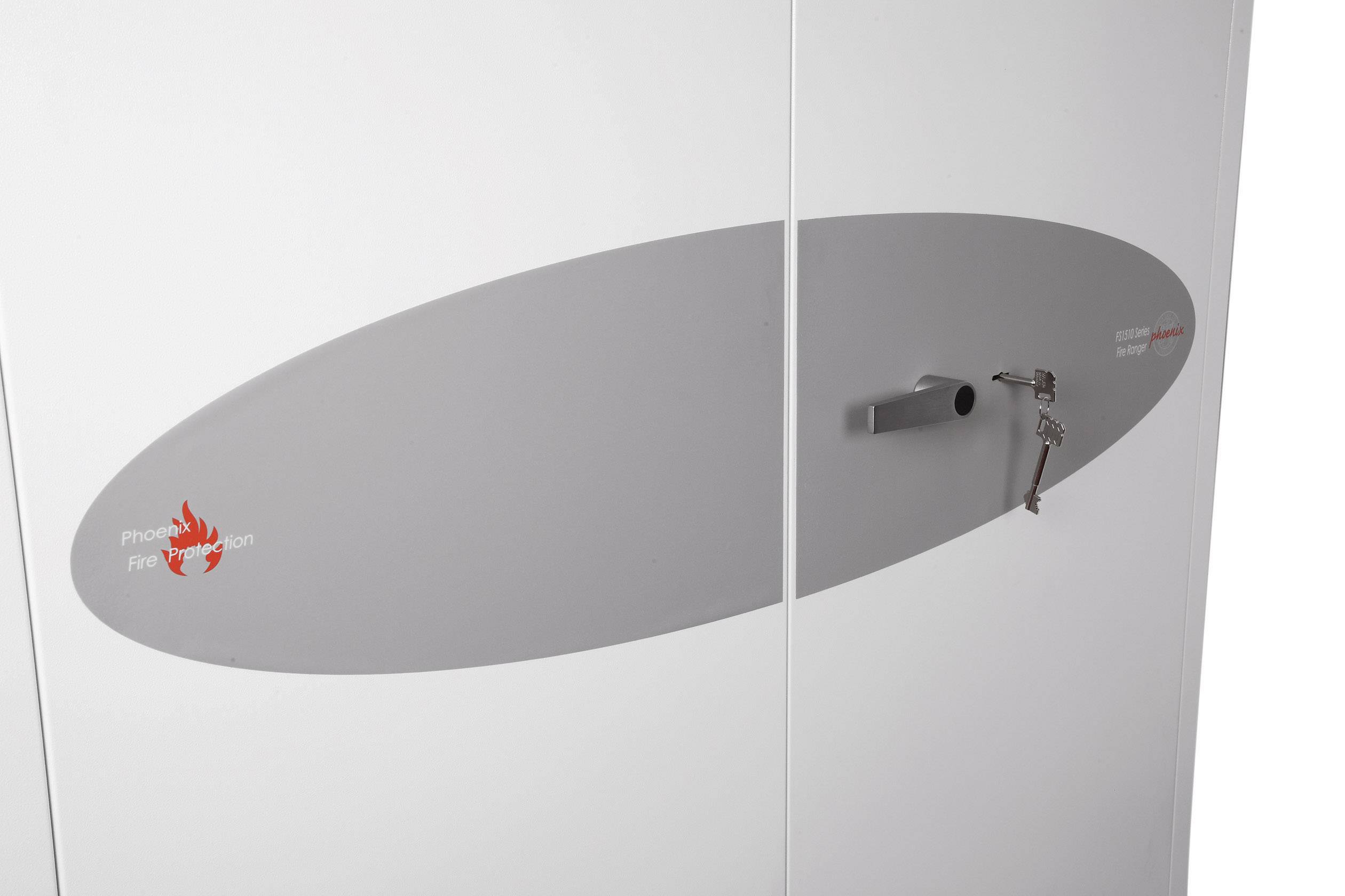 Grey steel cabinet with an oval decorative strip and key in the lock.