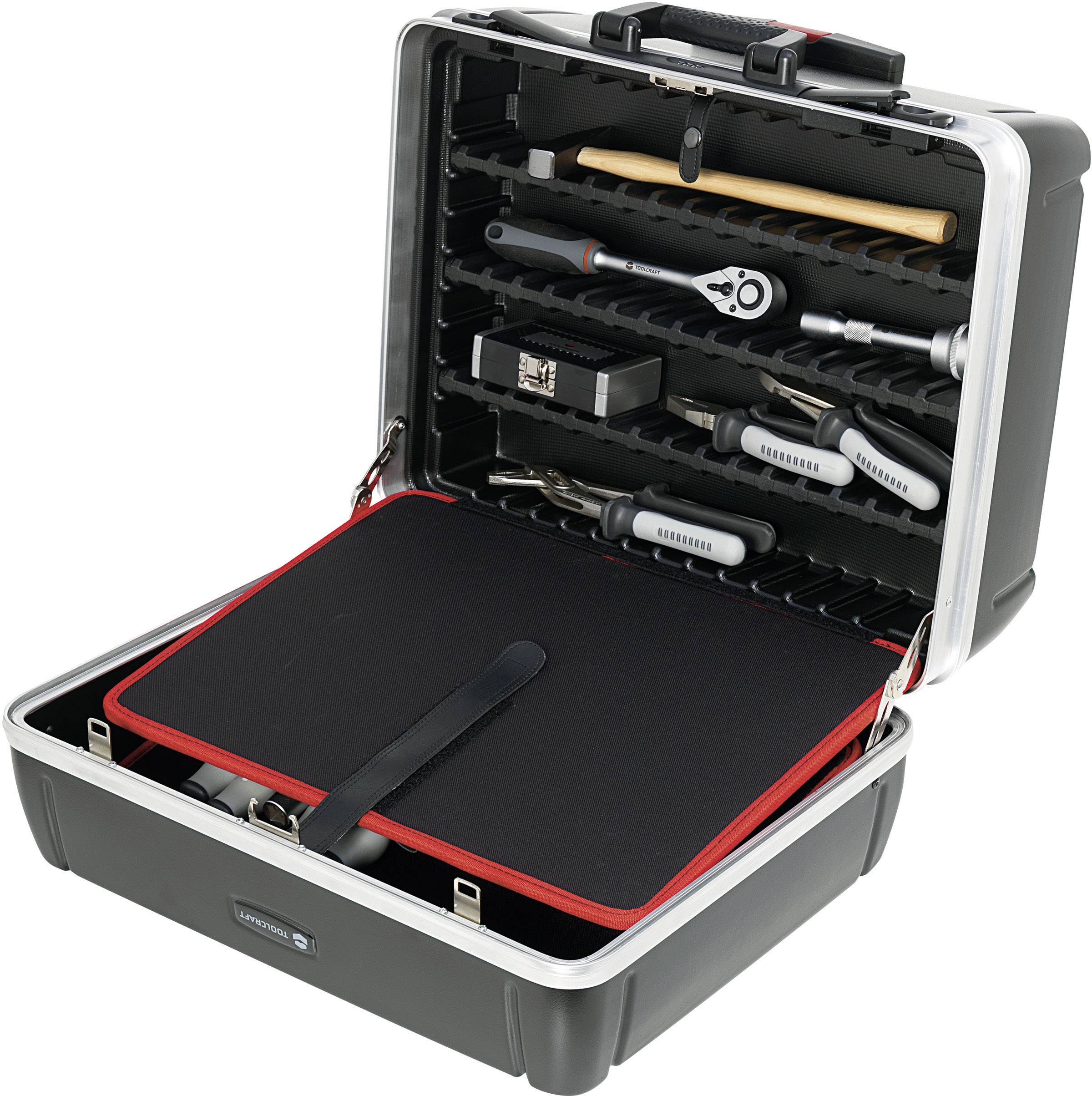 Opened tool case with various tools such as screwdrivers and hammer, along with compartments for organisational sorting.