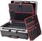 An opened, black tool case with a red border displays numerous storage pouches for tools and small parts.