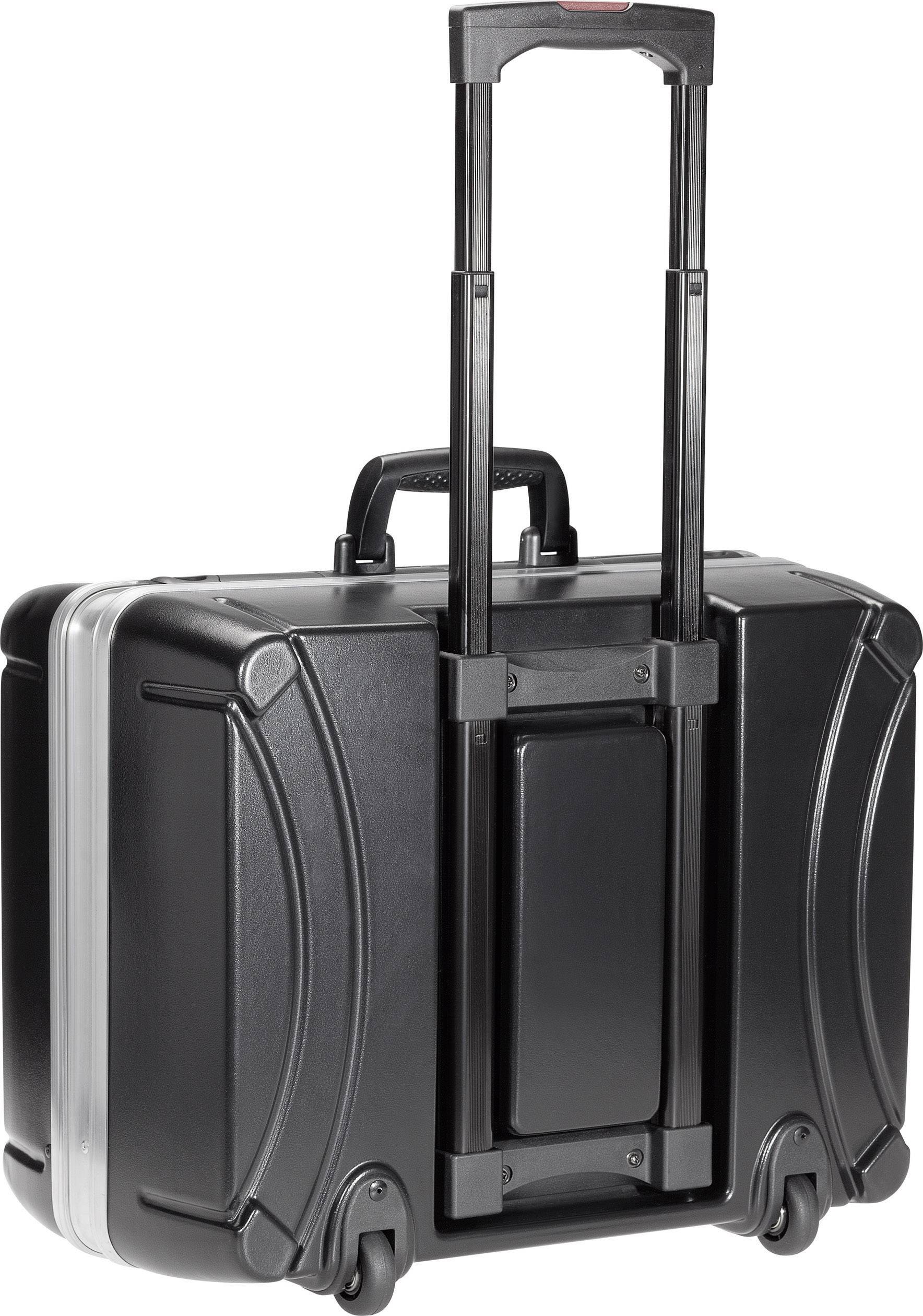 Black hard-shell suitcase with extendable handle and wheels, suitable for travel or business purposes.