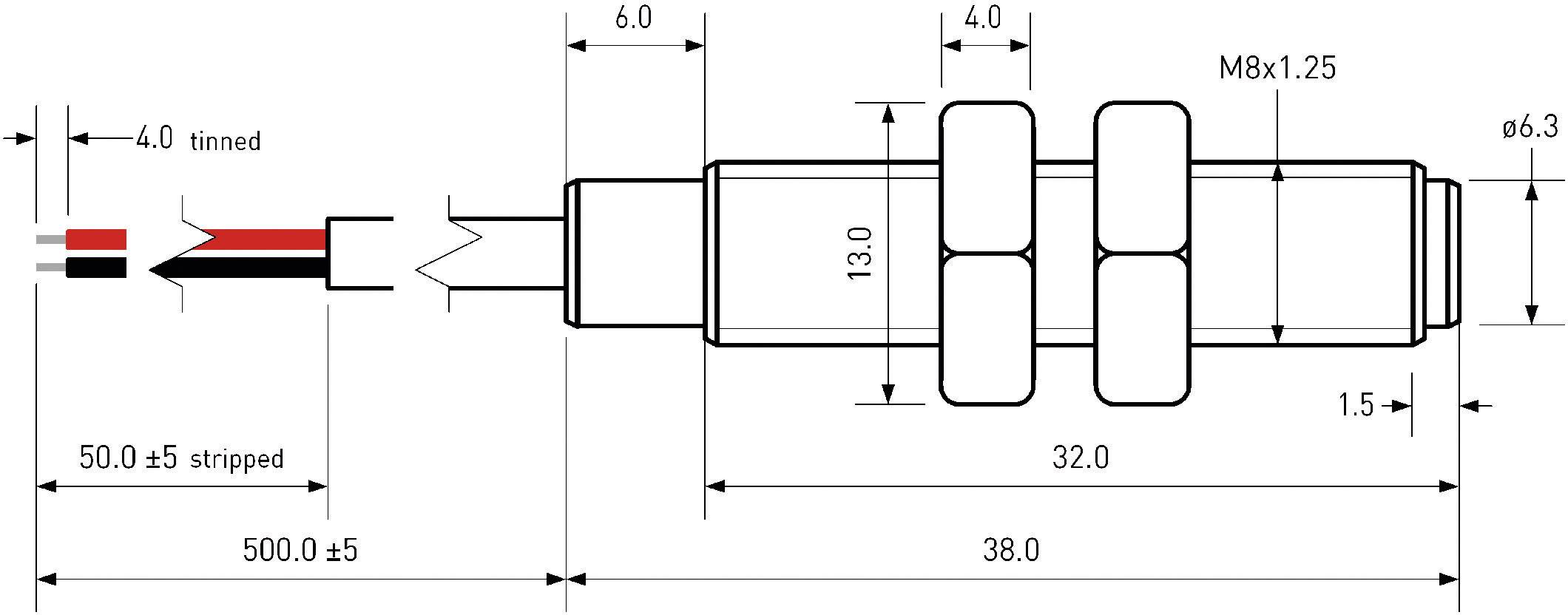 Technical drawing of a connector with dimensions in millimetres. Main components: cable, connections, thread measurements.