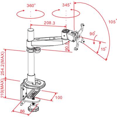 Technical Drawing of a Monitor Arm with Dimensions: Rotation Angle of 360° and 345°, Tilt Angle 80° to 15°, Height 100-254 mm.
