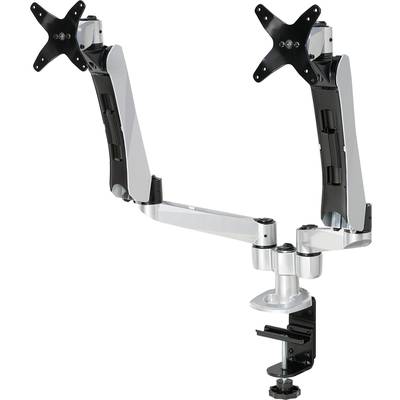 Metal dual monitor mount with adjustable arms and desk clamp attachment. Ideal for ergonomic screen positioning.