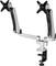 Metal dual monitor mount with adjustable arms and desk clamp attachment. Ideal for ergonomic screen positioning.