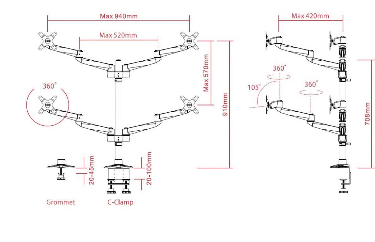 Drawing of an adjustable monitor arm with dimensions. Left image shows maximum length of 940mm, right image shows rotation and height adjustability.