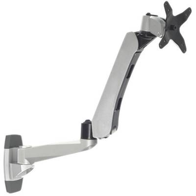 Wall-mounted monitor bracket with an adjustable arm that can be moved into various positions. Ideal for flexible workspaces.