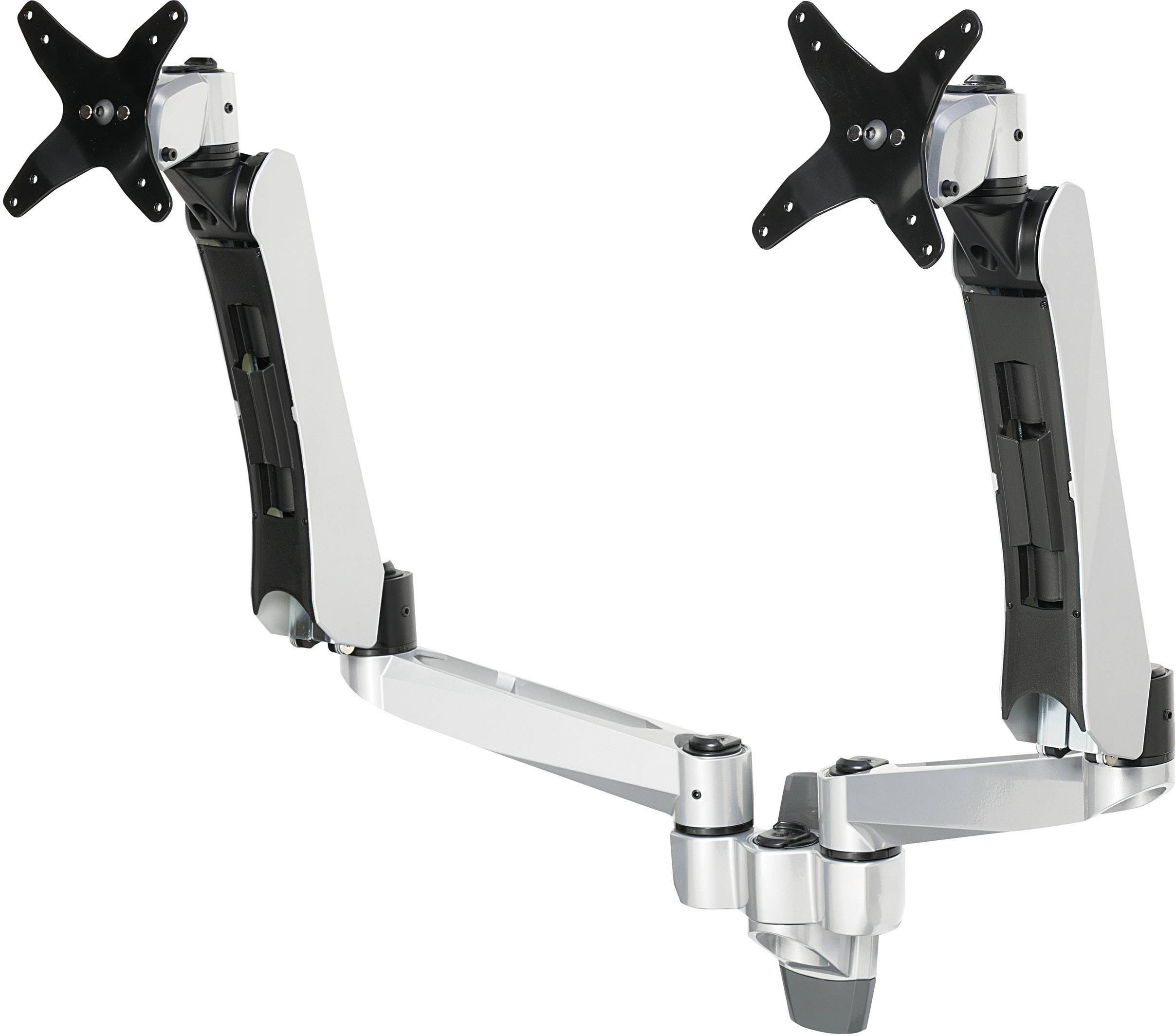 A dual monitor arm with adjustable mounting brackets in silver and black, suitable for attaching two screens to a desk.