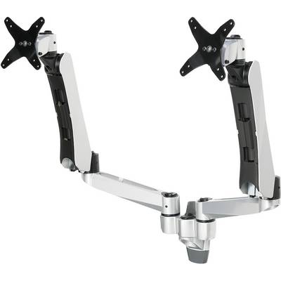 A dual monitor arm with adjustable mounting brackets in silver and black, suitable for attaching two screens to a desk.
