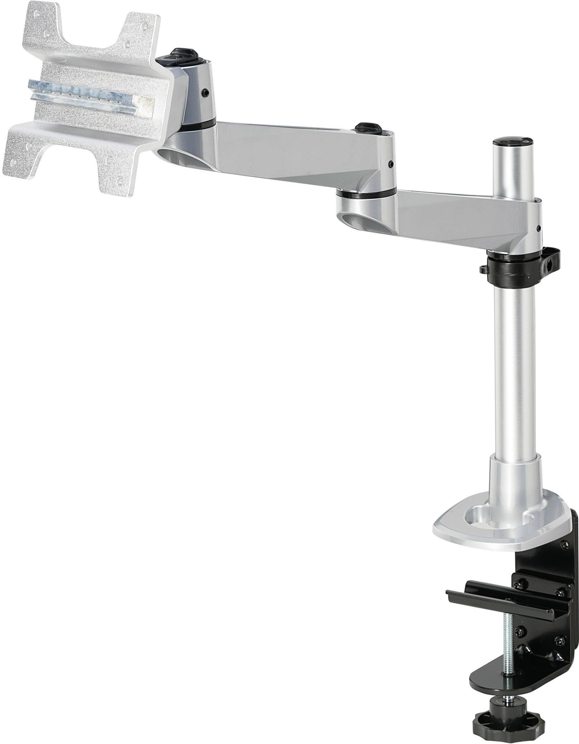 A silver monitor arm with adjustable joint and desk clamp for mounting monitors.