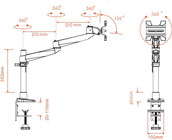 Technical drawing of an adjustable monitor arm: shows dimensions, rotation angle, and height adjustability.