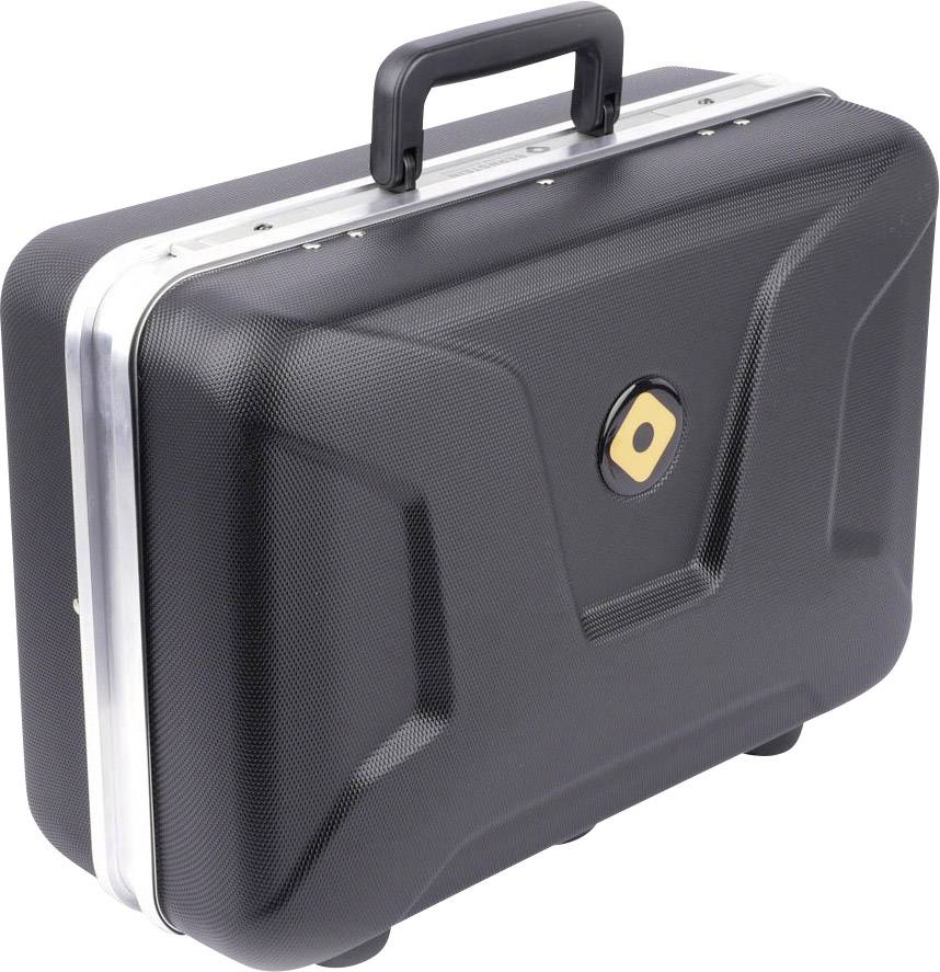 Black, closed hard-shell suitcase with handle, square metallic lock, and textured surface.