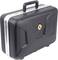 Black, closed hard-shell suitcase with handle, square metallic lock, and textured surface.