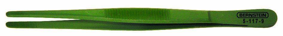 Green plastic tweezers with a ridged handle and the inscription 'B-417-9 Bernstein'.