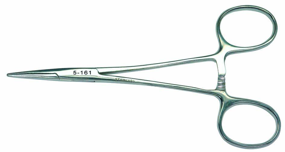 A surgical metal clamp, primarily used for gripping or holding objects during medical procedures.