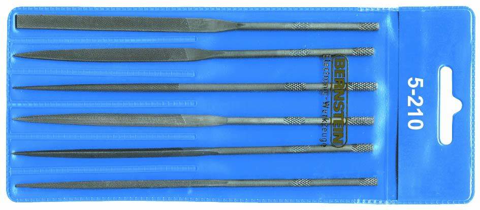 A set of six small files in a blue plastic case, numbered 5-210, are laid out side by side.