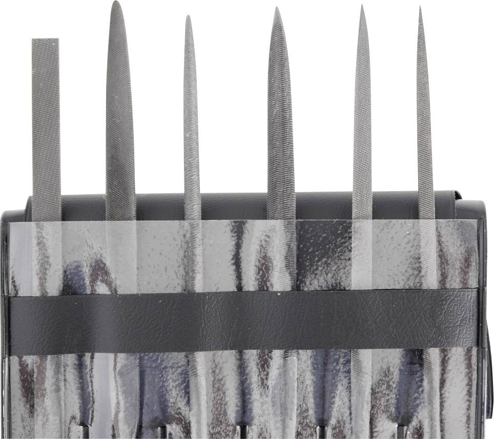 A set of six metal files in various shapes, standing upright in a black holder.